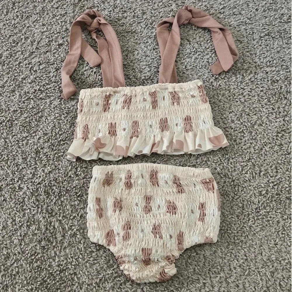 Throwing Tiny Fits Toddler Girls Smocked Two Piece Swimsuit Mauve Cream 18-24M